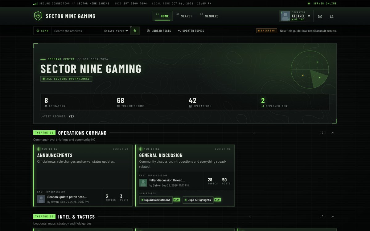 Dark Meridian theme for Simple Machines Forum: tactical command-centre board index with a radar panel, live stats and green mission cards