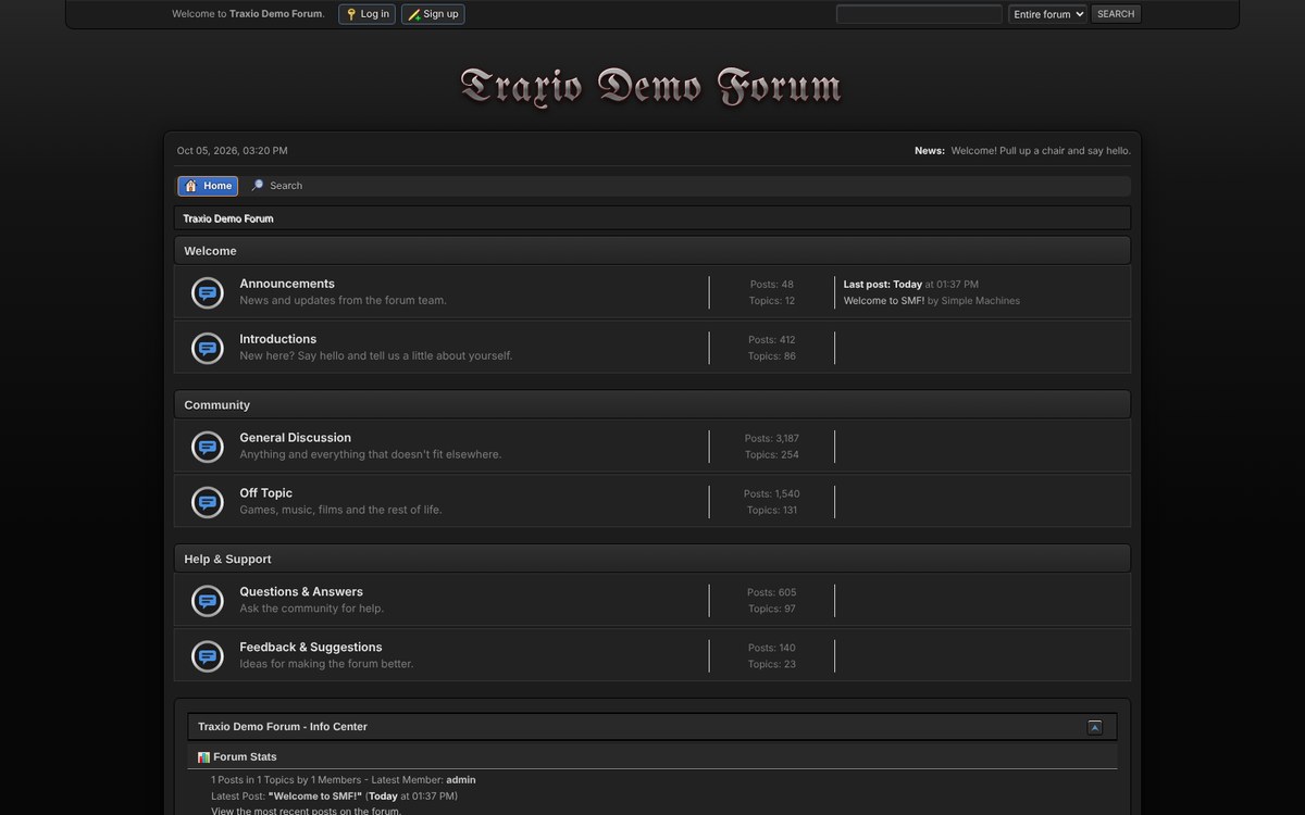 Insidious II theme for Simple Machines Forum: near-black board index with rounded charcoal panels and a blackletter forum title