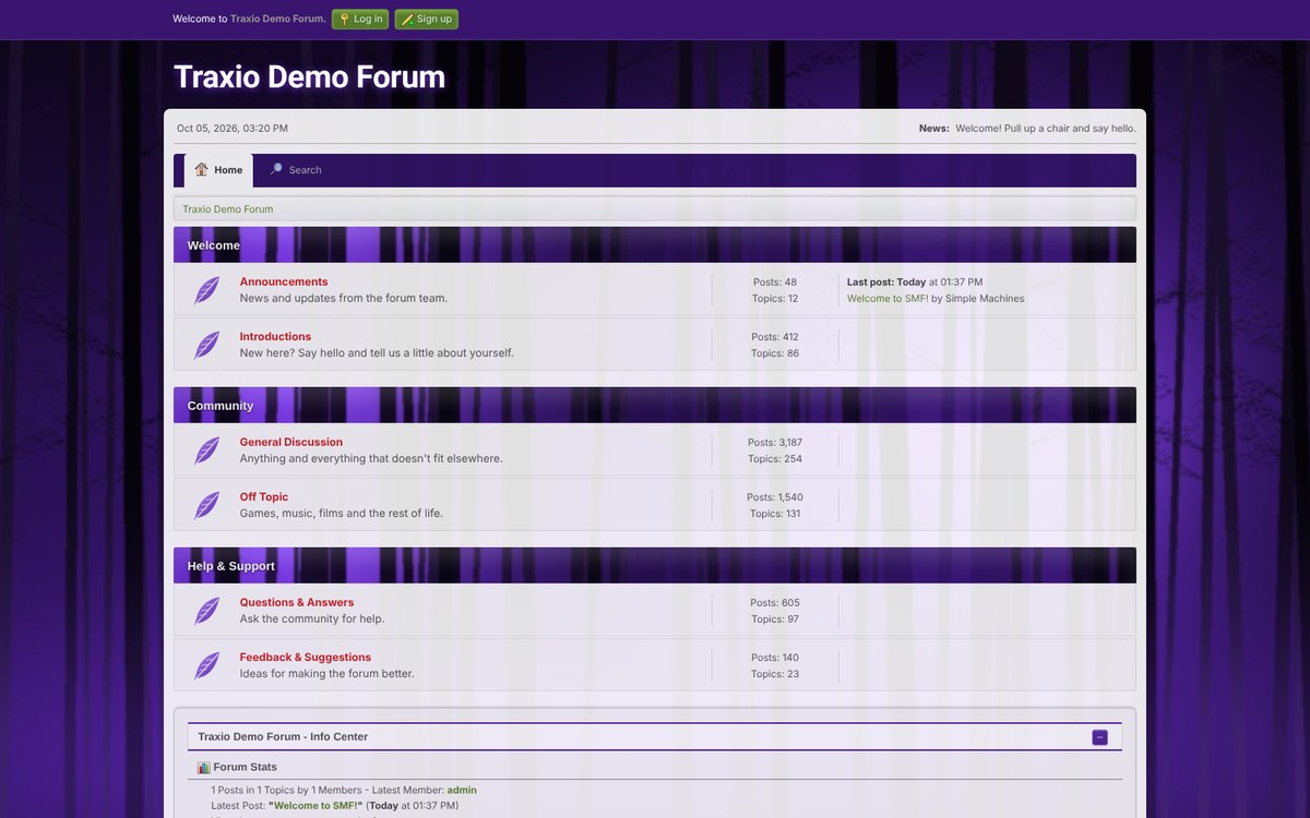 Raven theme for Simple Machines Forum: light content panel over a misty violet forest, with purple bars and feather board icons