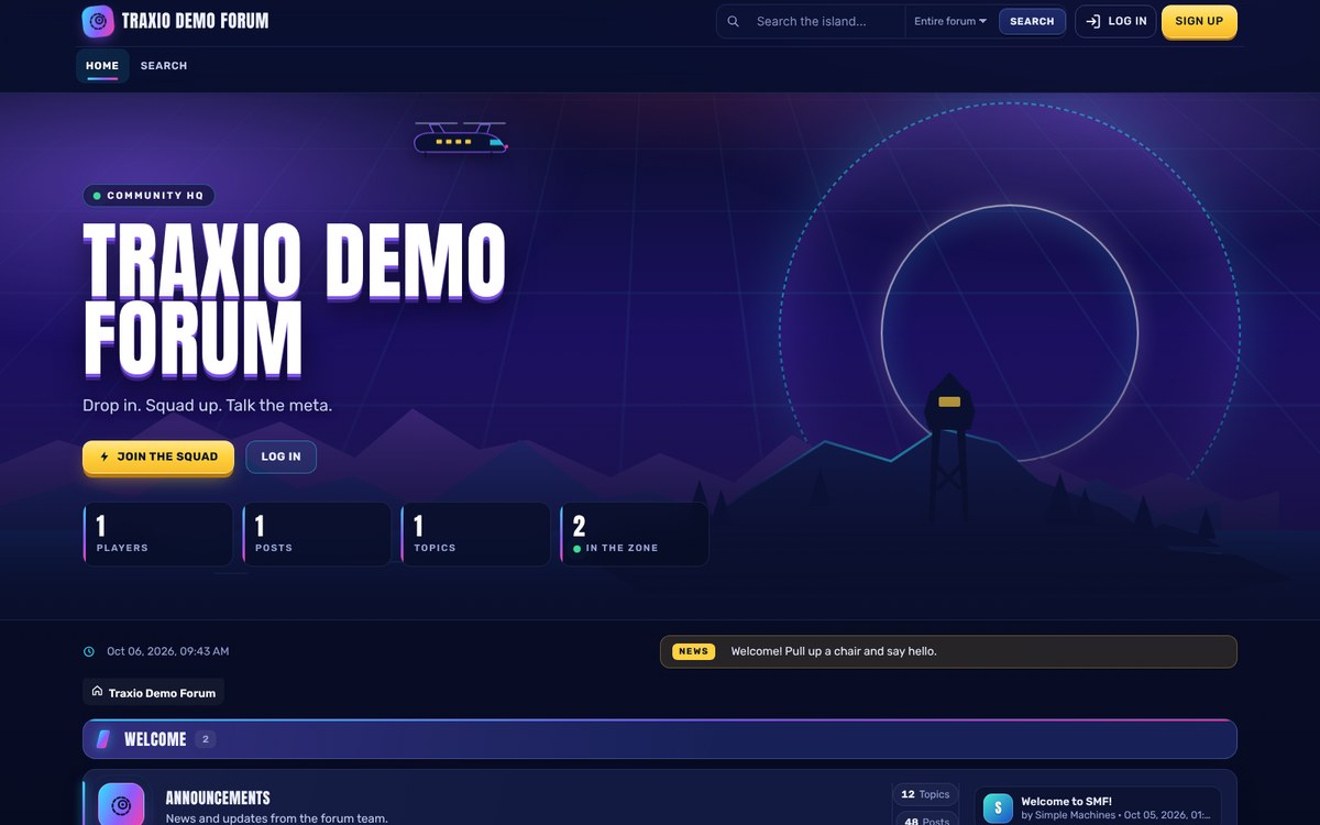 Zonefall theme for Simple Machines Forum: battle-royale style hero header with a safe-zone ring, stats tiles and board cards on dark navy